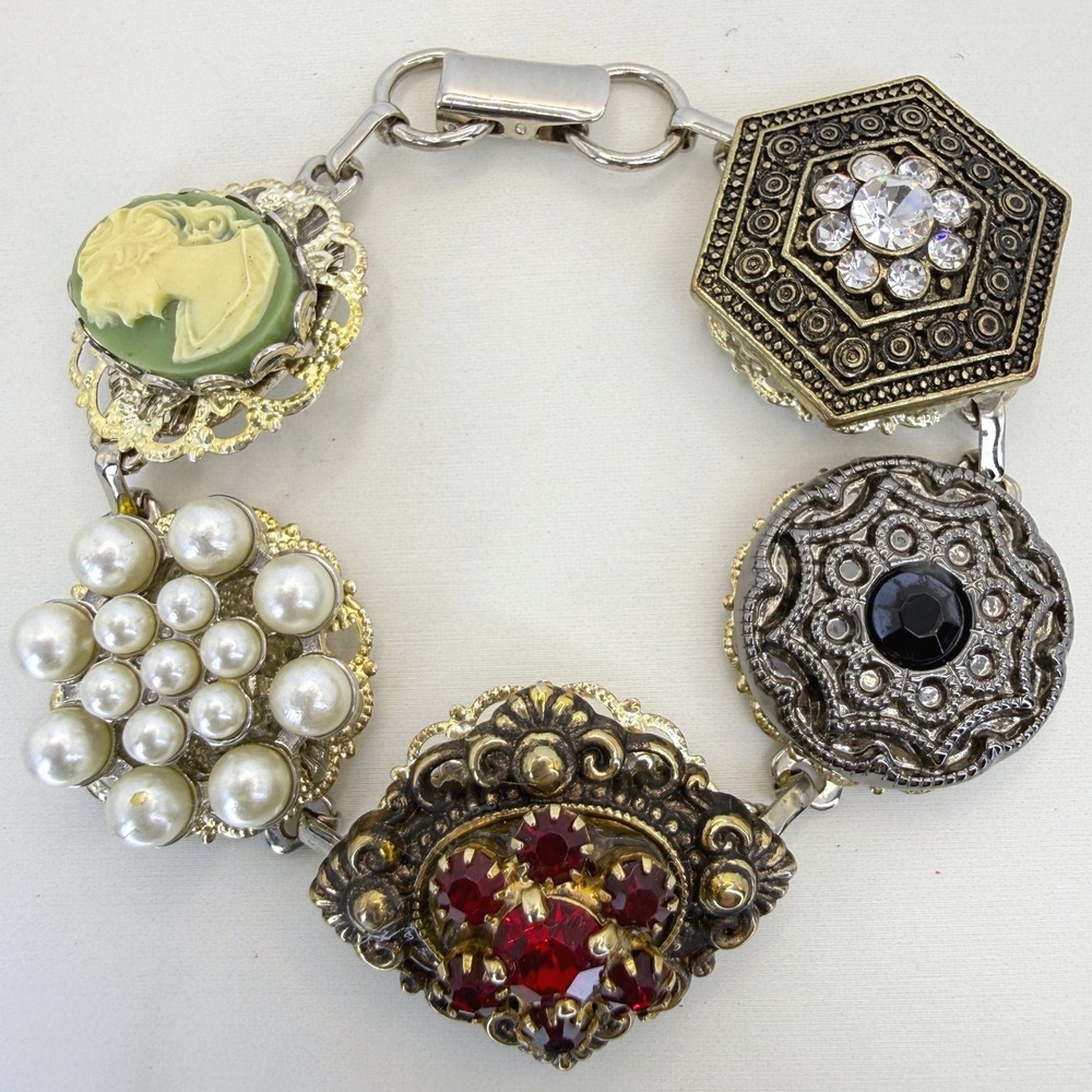 Vintage Button Charm Bracelet Cameo Faux Pearl Rhinestone Mixed Metal Statement
